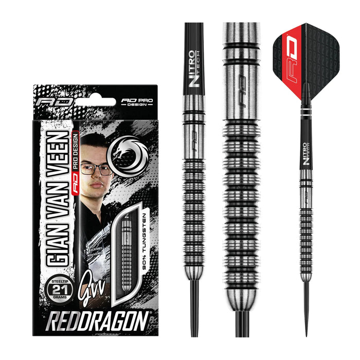 Red Dragon Gian van Veen 90% tungsten darts signature on box